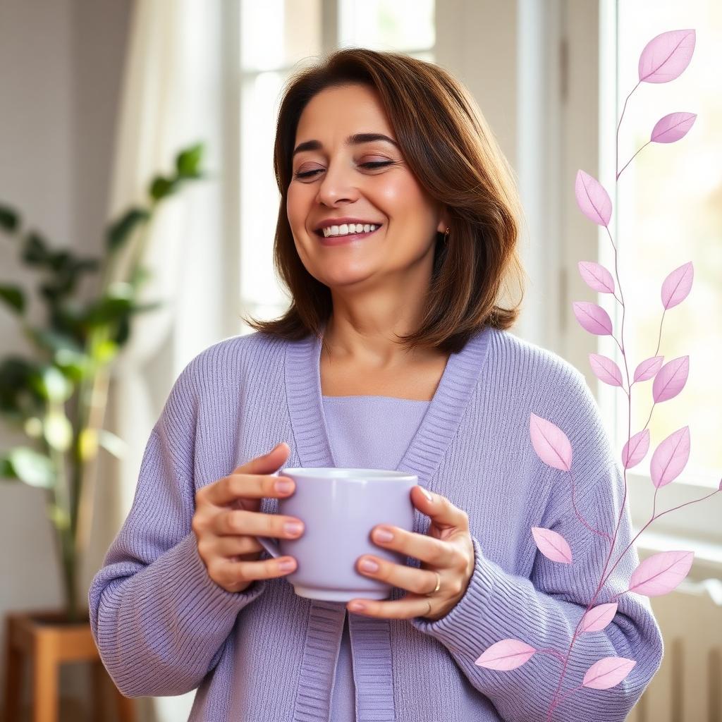 Mujer sonriendo en paz mientras sostiene una taza, acompañada de ilustraciones botánicas lilas